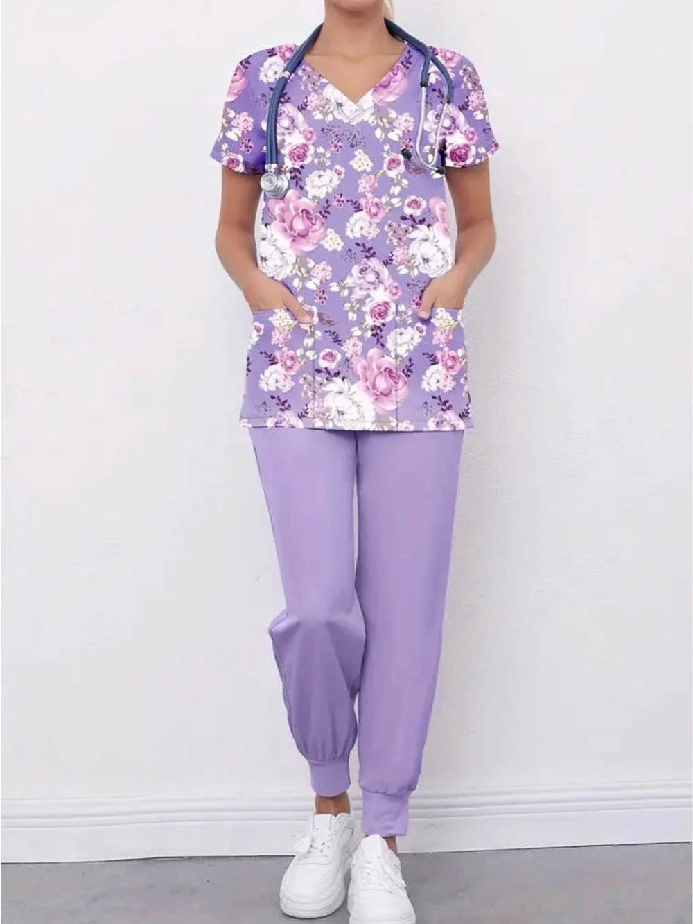 Floral Short Sleeve Scrub Top in Purple